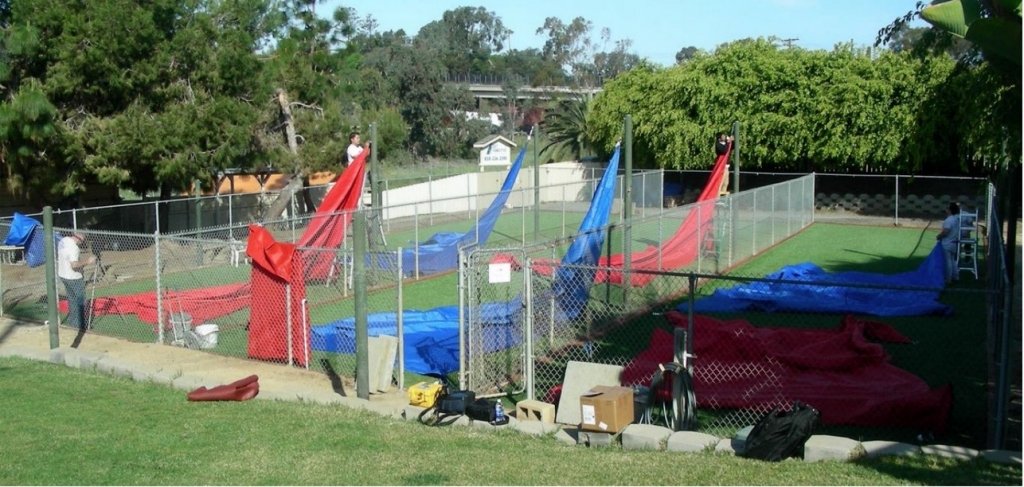 polyfab shade cloth being installed